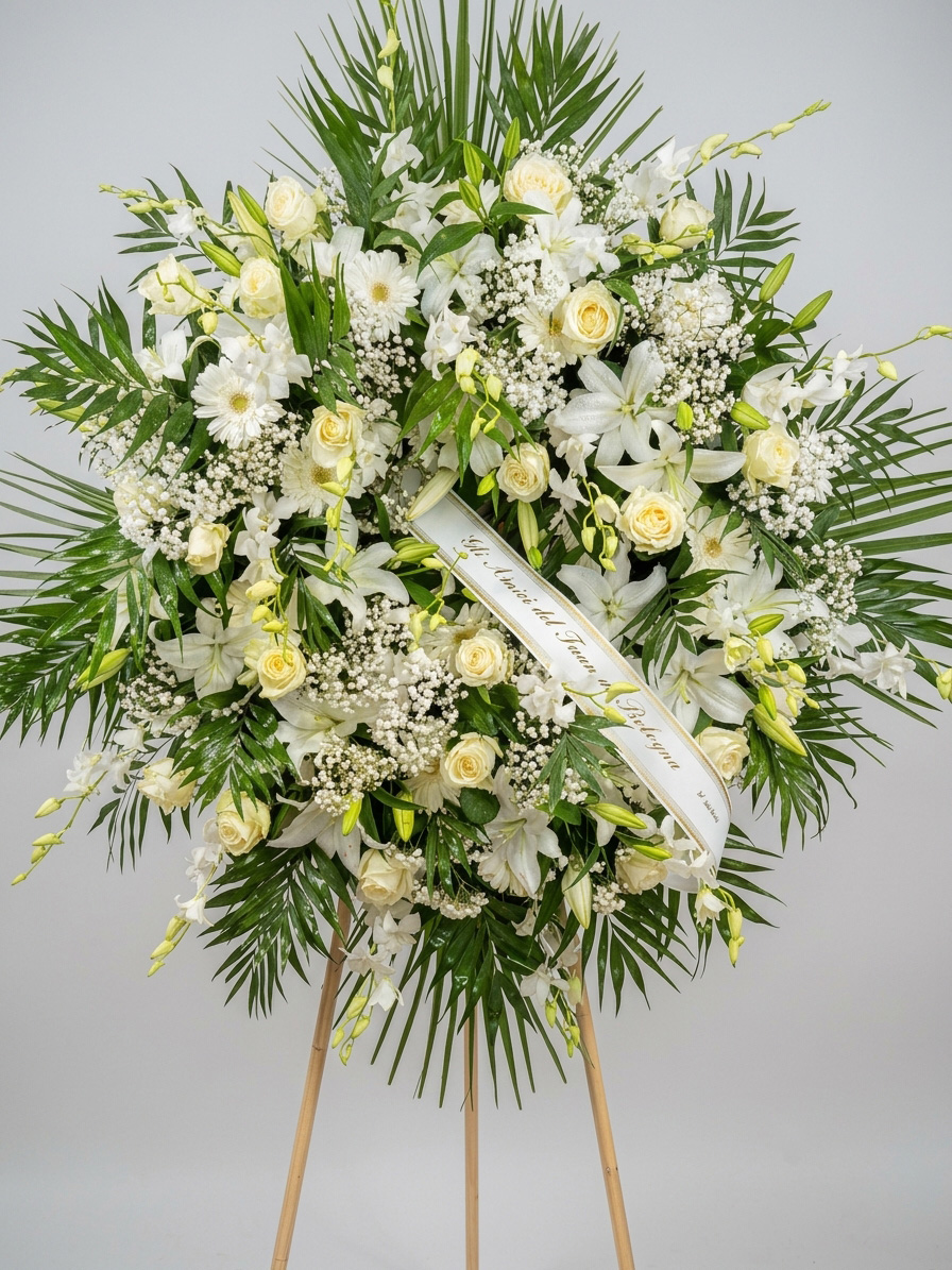 Corona funebre Candore Eterno – composizione di fiori freschi bianchi di stagione.