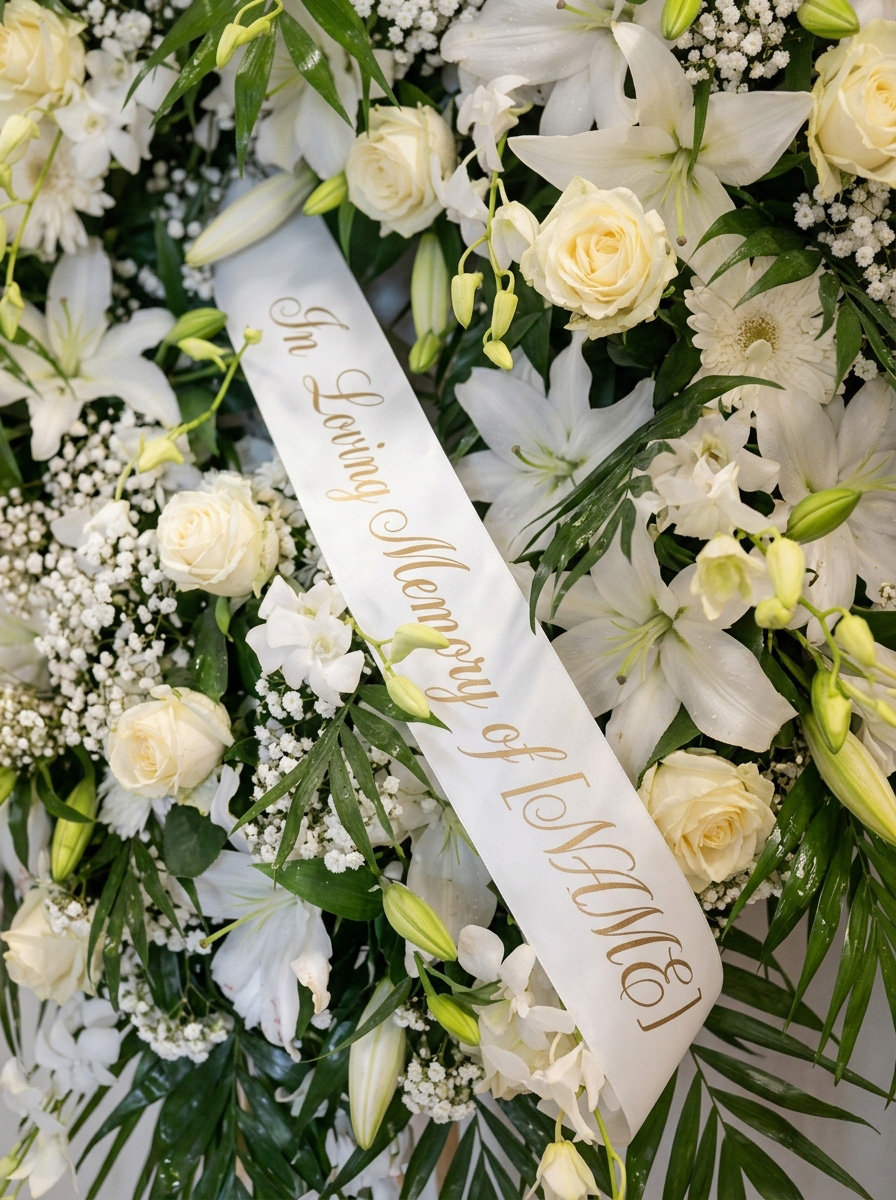 Corona funebre Candore Eterno – composizione di fiori freschi bianchi di stagione.