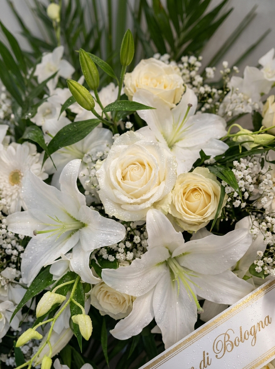 Corona funebre Candore Eterno – composizione di fiori freschi bianchi di stagione.
