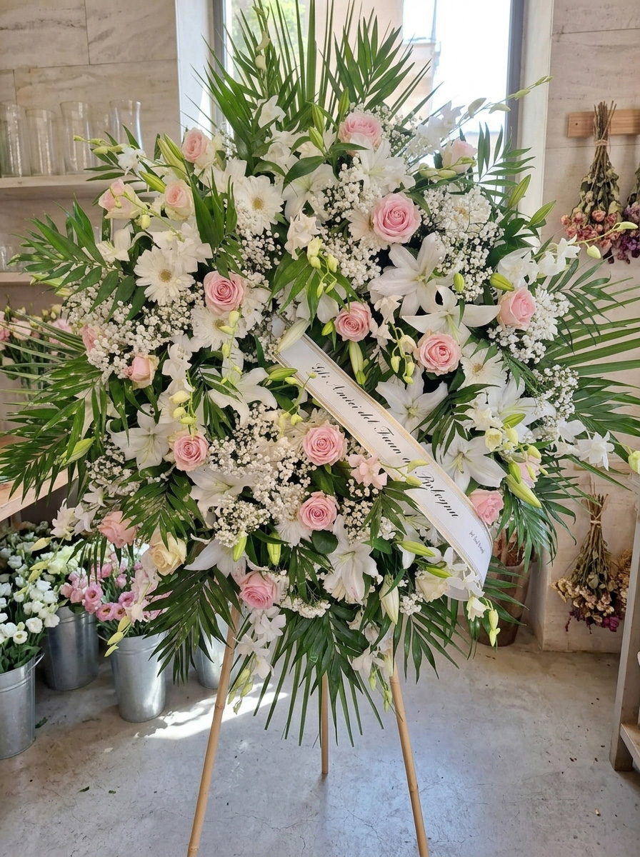 Corona funebre Candore Eterno – composizione di fiori freschi bianchi di stagione. Variante Bianco e Rosa Pastello.