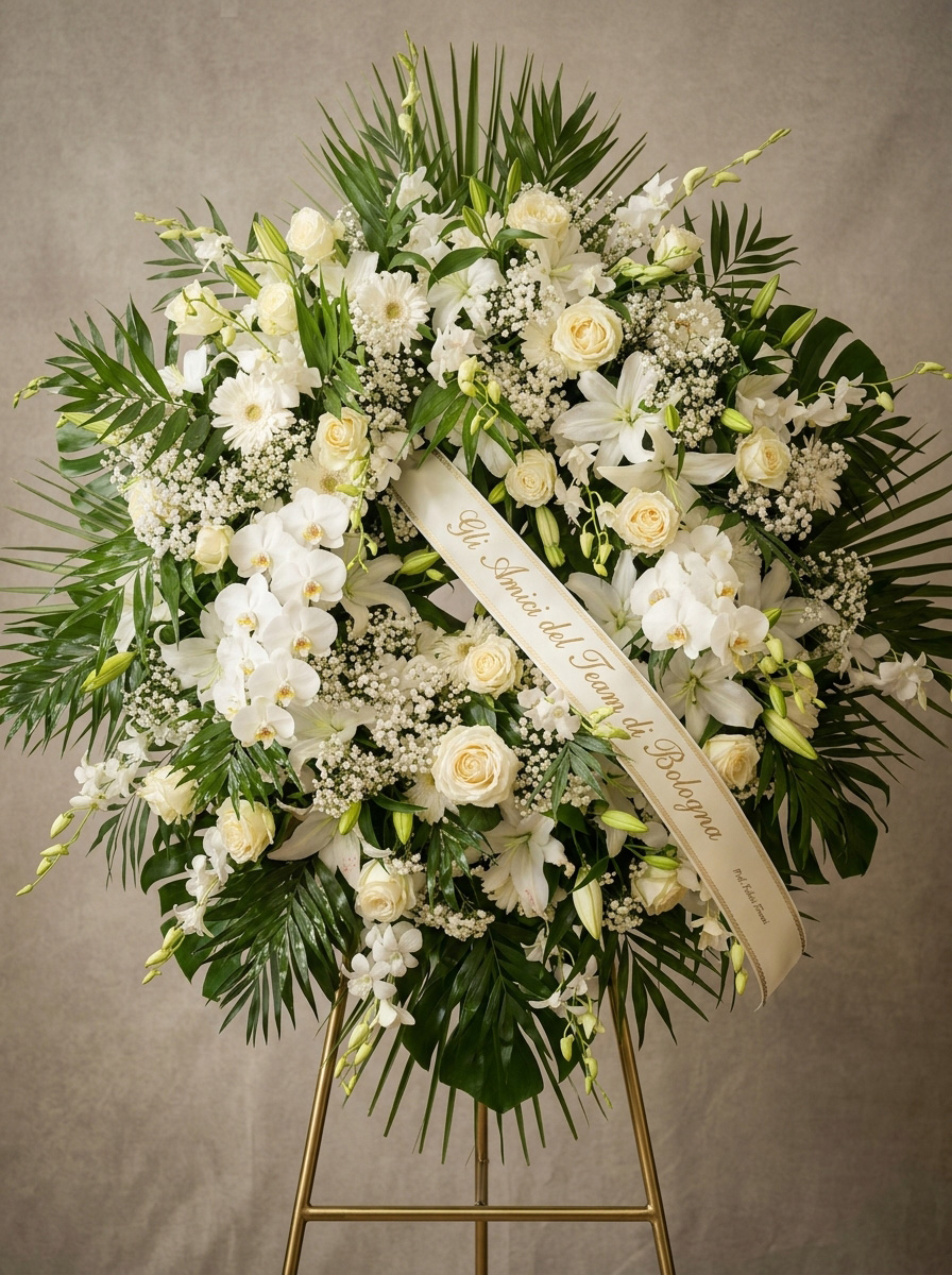 Corona funebre Candore Eterno – composizione di fiori freschi di stagione. Variante Formato Deluxe-Lusso.