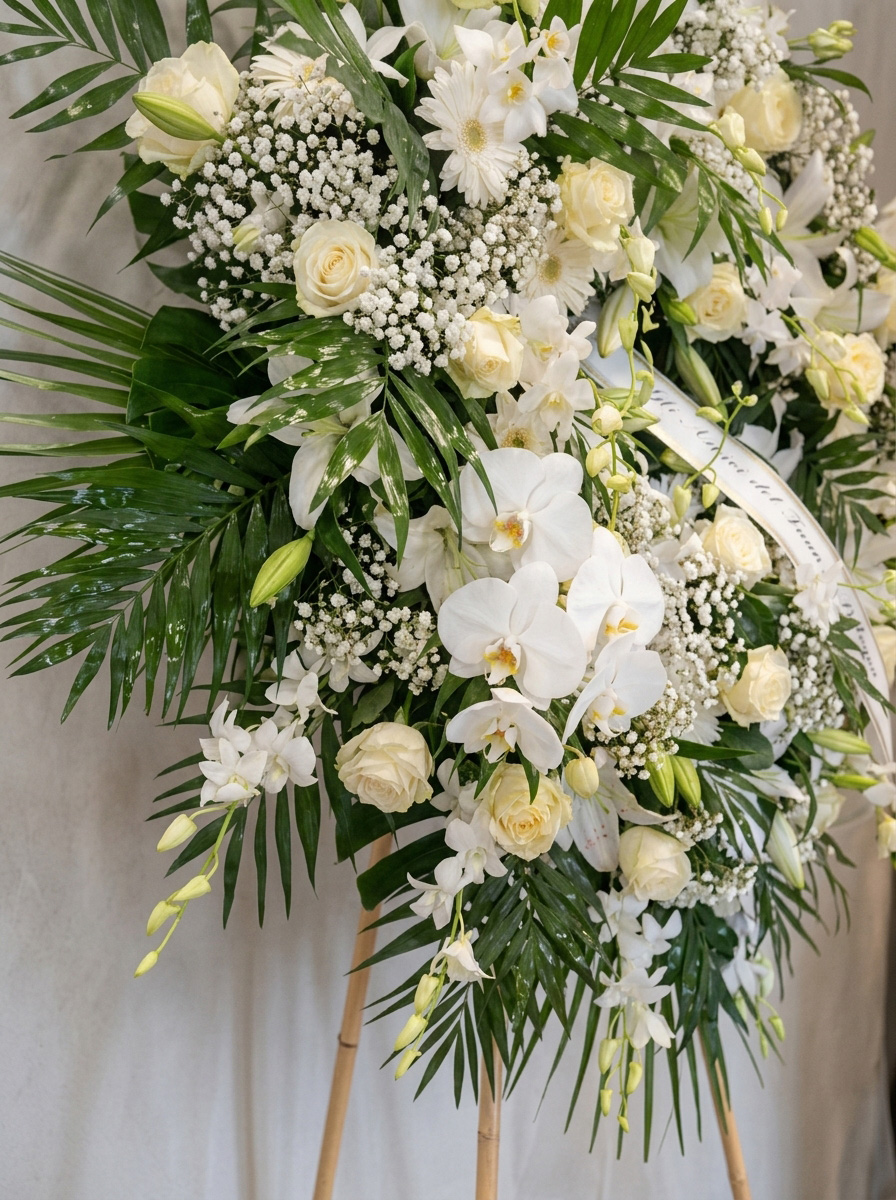 Corona funebre Candore Eterno – composizione di fiori freschi bianchi di stagione.