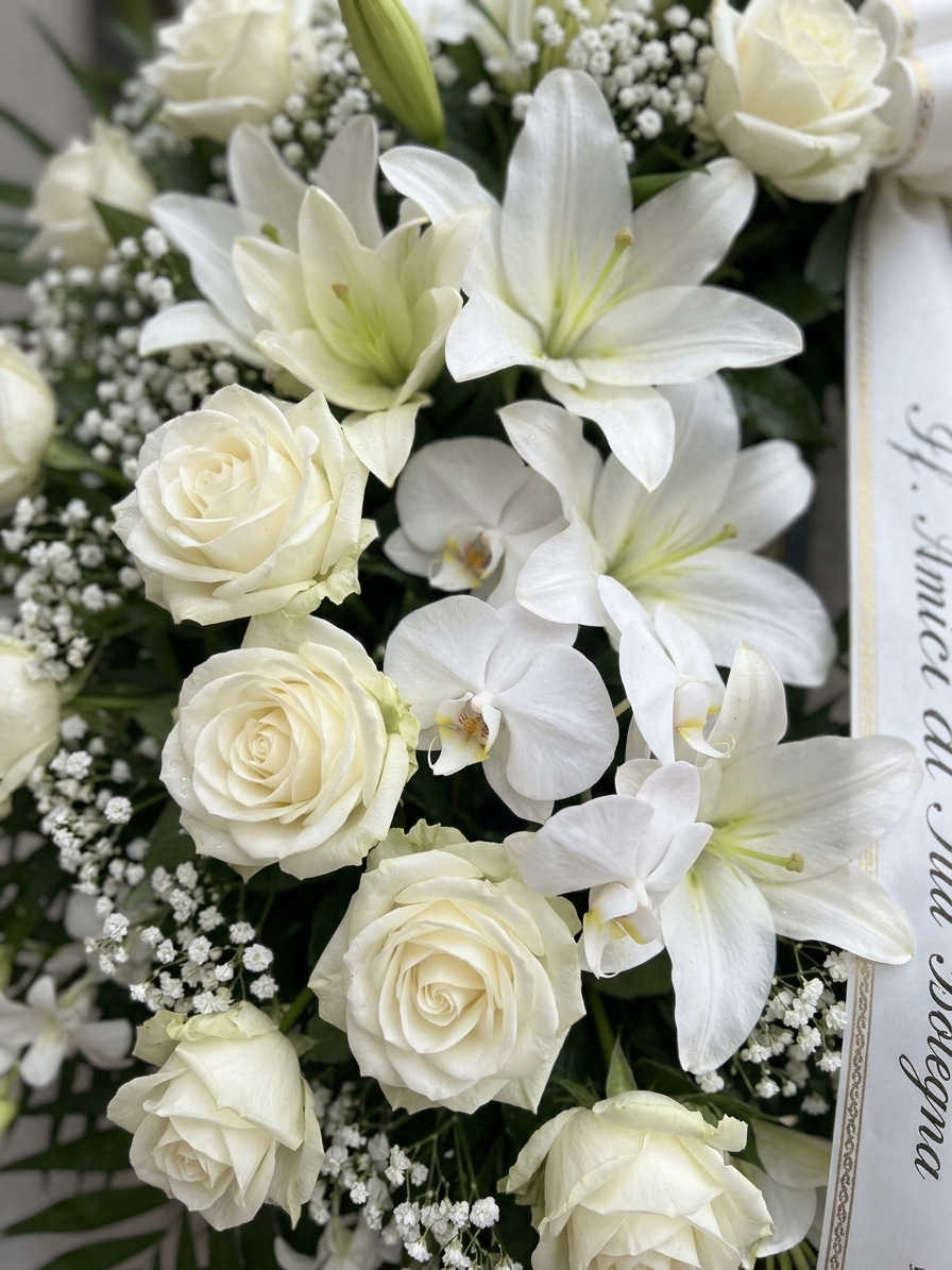 Corona funebre Candore Eterno – composizione di fiori freschi bianchi di stagione.